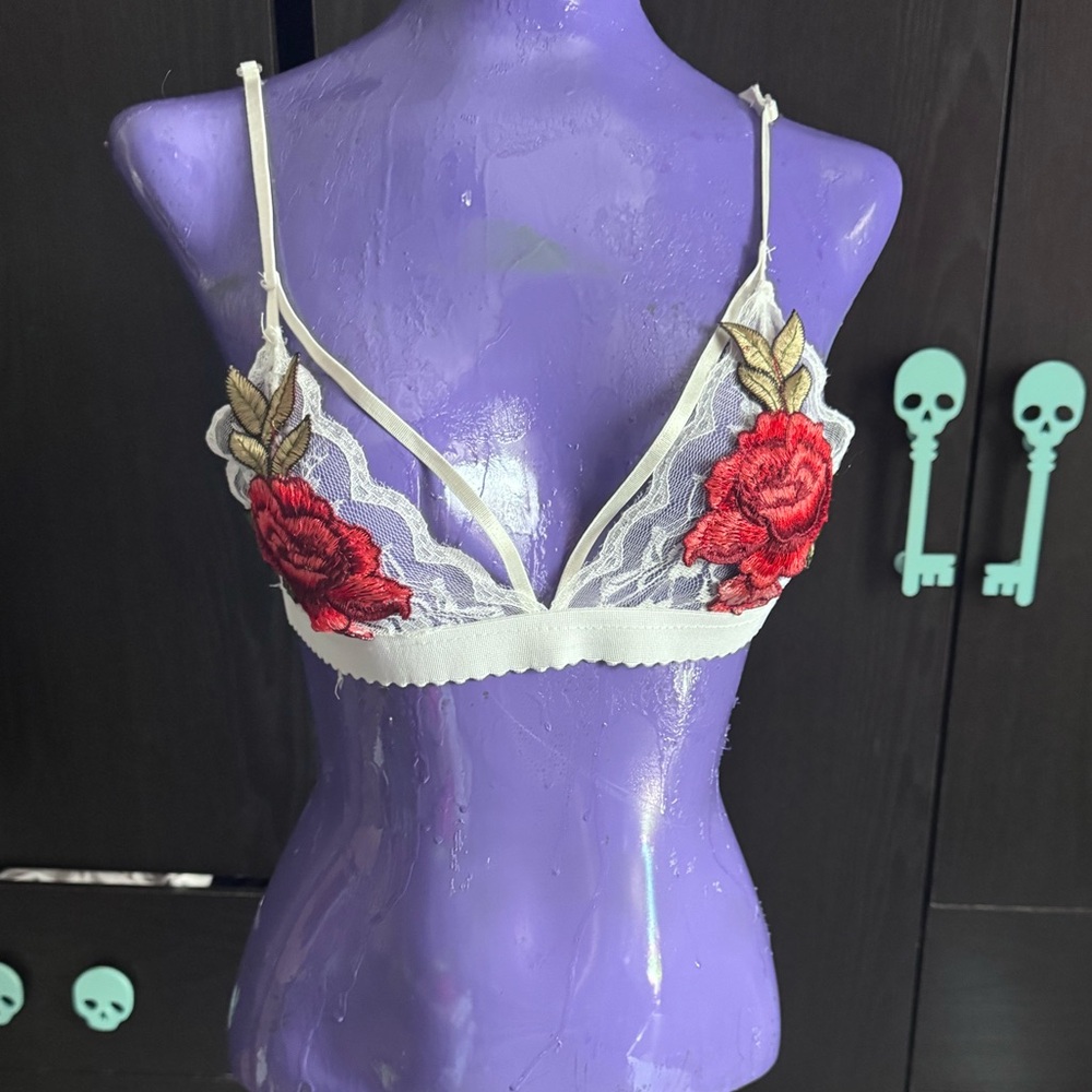 Elegant Red Floral Embroidered Lace Bralette